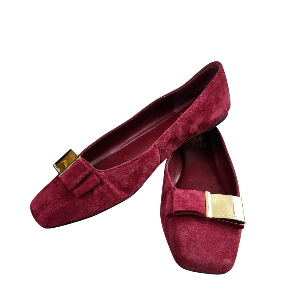 Vince Camuto Veryla‎ Burgundy Suede Square Toe Bow Flats Gold Hardware L 8.5M